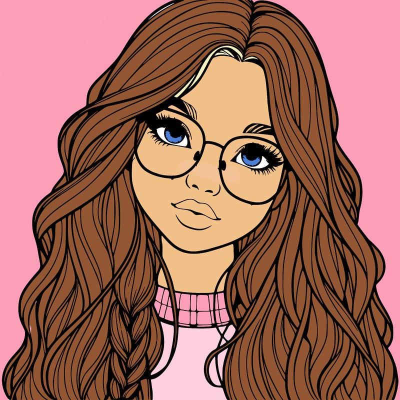 girl with long hair and freckles and glasses realistic