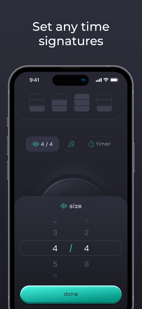 Metronome – Beats & Tempo - Metronome app interface showing the time signature selection screen set to 4/4