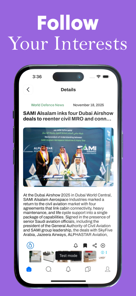 Defense & Military News - A smartphone screen showing a detailed defense news article about the Dubai Airshow within the app