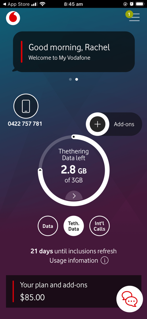 Screenshot della dashboard dell'app My Vodafone Australia che mostra l'utilizzo dati e i dettagli del piano