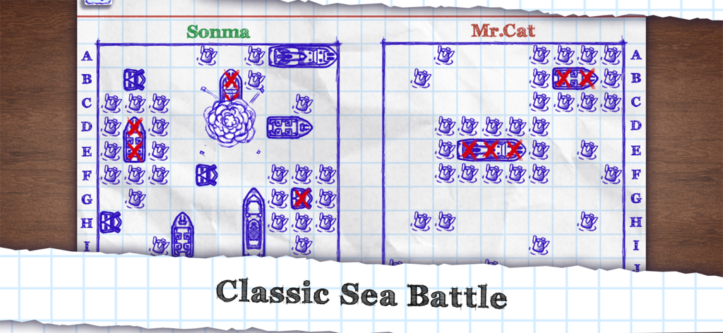 Sea Battle Online - Jogabilidade clássica da Batalha Naval com navios e explosões desenhados à mão em papel quadriculado de caderno azul.