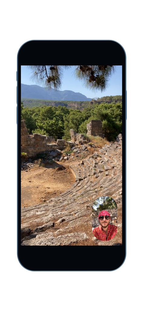 Camera FrontBack - iPhone screen displaying Camera FrontBack app with a dual camera view of an ancient amphitheater and a circular reaction window