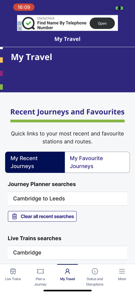 National Rail - La pantalla 'Mi viaje' de la aplicación National Rail que muestra búsquedas recientes del planificador de viajes y trenes en vivo