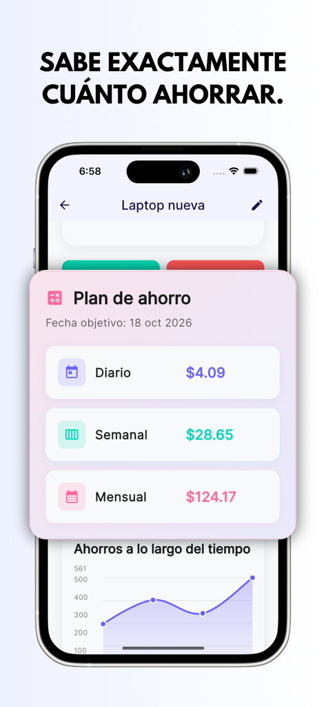 Interface of the Objetivo de Ahorro app showing daily, weekly, and monthly saving goals for a new laptop.