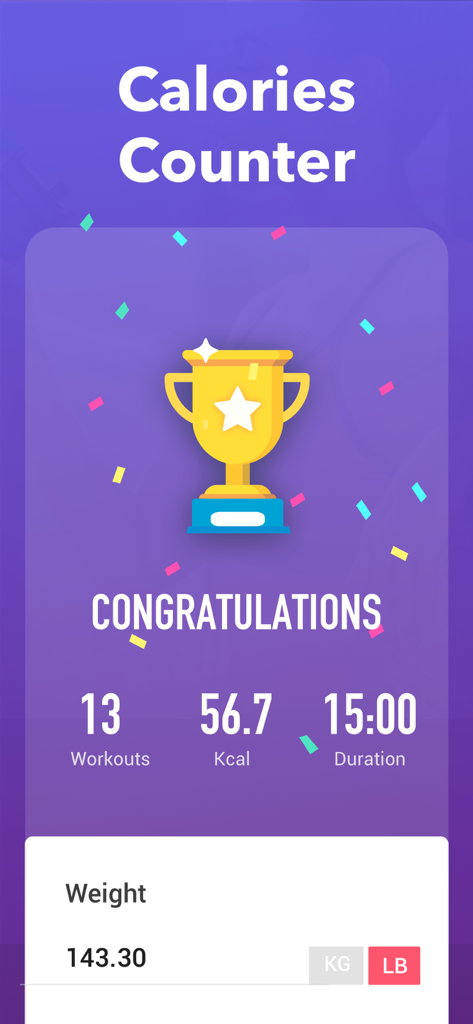 A workout summary screen showing calories burned and duration with a trophy icon