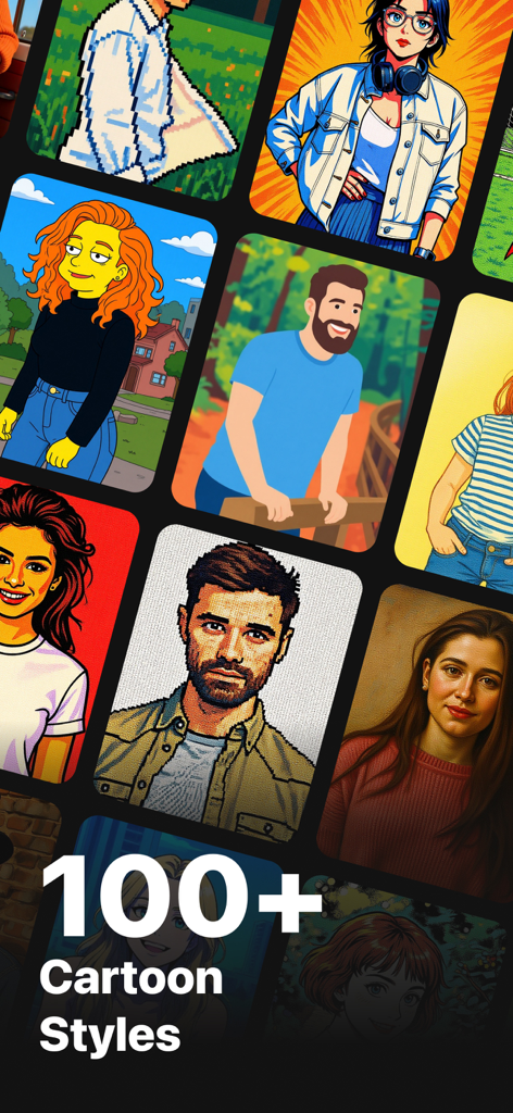 A collage showcasing various AI cartoon and anime portrait styles for profile pictures