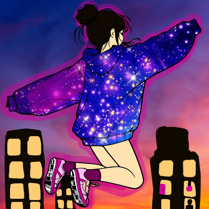 realistic girl jumping with a bun and oversized sweatshirt