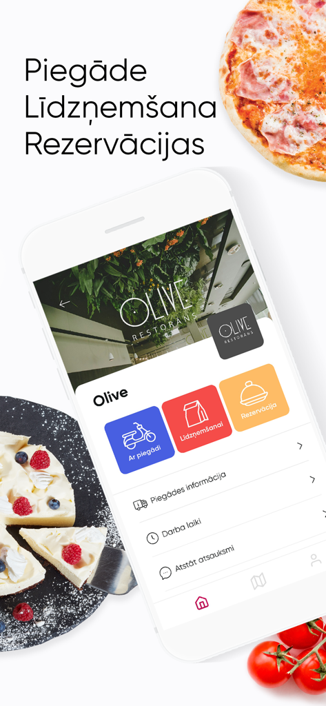 TiamoFood mobile app interface showing delivery takeaway and restaurant reservation options
