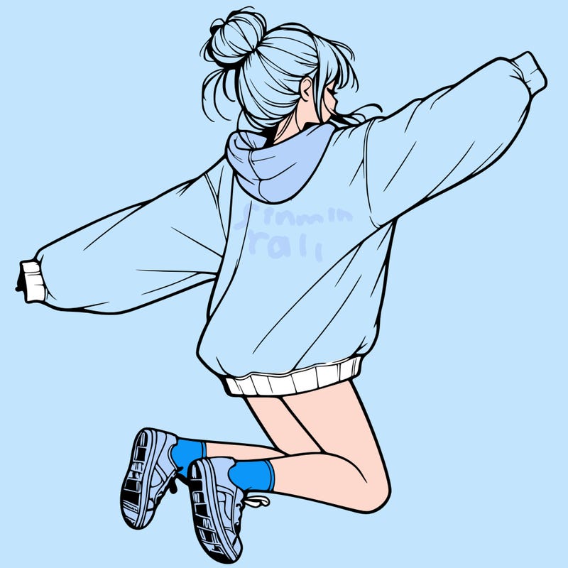 realistic girl jumping with a bun and oversized sweatshirt