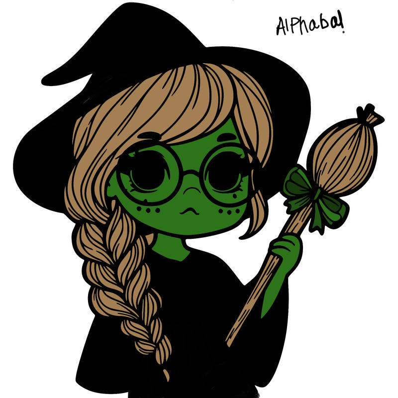 a witch with a braid and two glasses