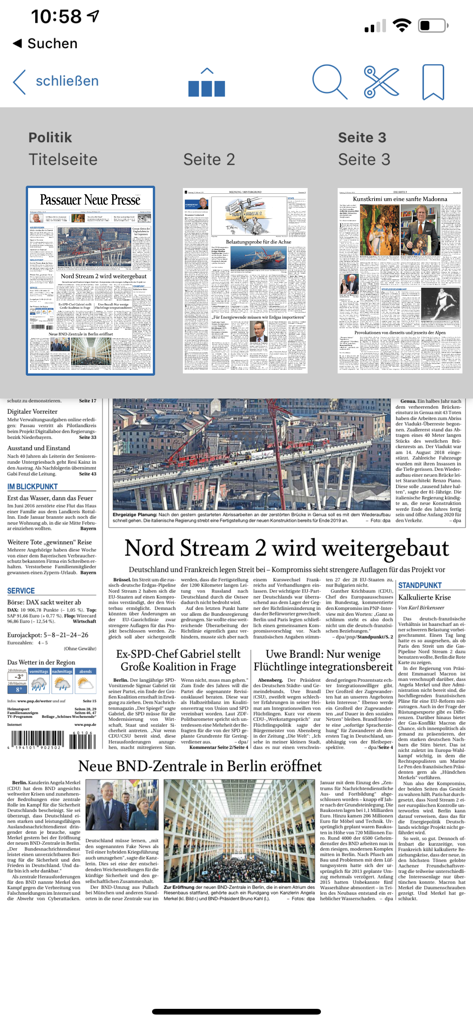 PNP ePaper - A screenshot of the PNP ePaper app displaying the digital layout of the Passauer Neue Presse newspaper.