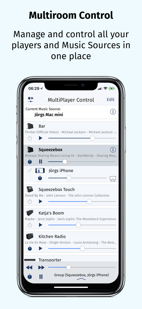 iPeng - iPhone screen showing the iPeng 9 MultiPlayer Control interface for managing multiple audio players
