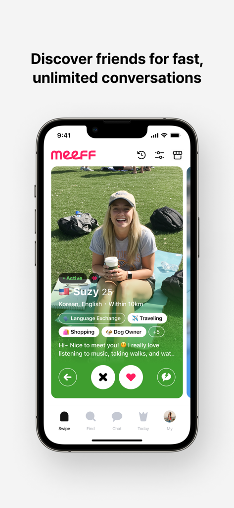 A screenshot of the MEEFF app showing a user profile for language exchange and meeting new friends globally