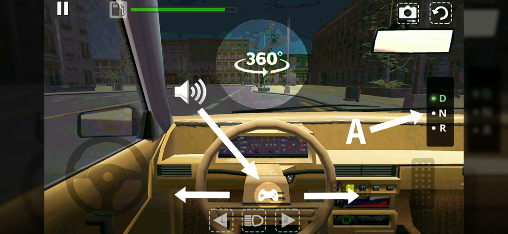 Car Simulator OG - Car Simulator OG의 인터랙티브 대시보드 컨트롤과 360도 카메라 회전 아이콘이 있는 1인칭 자동차 내부 보기