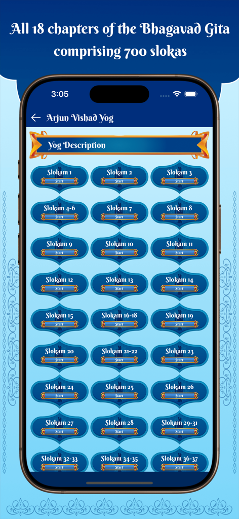 Bhagavad Gita for All - Mobile App-Oberfläche, die alle 18 Kapitel und 700 Schlokas der Bhagavad Gita anzeigt.