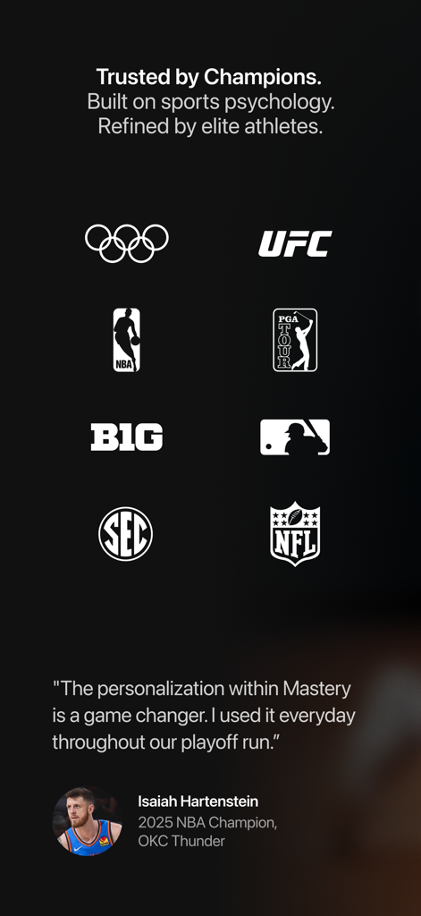 The Mastery App - Logos of major sports leagues and a testimonial from NBA player Isaiah Hartenstein for The Mastery App