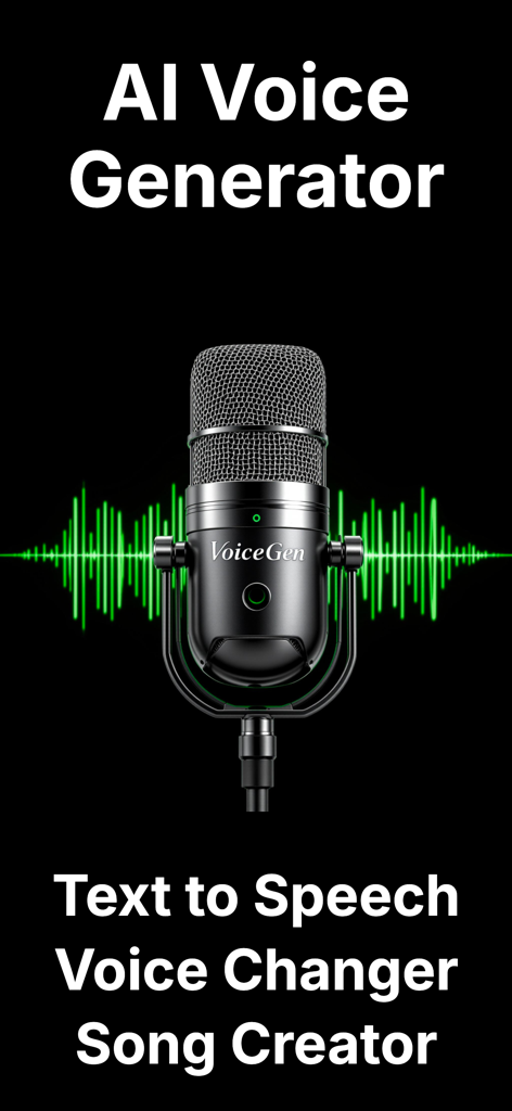 VoiceGen - AI Voice Generator - VoiceGen AI Voice Generator app splash screen displaying text to speech voice changer and song creator features