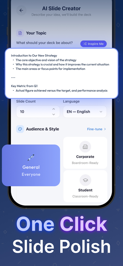 GMM AI APP: Presentation Maker - GMM AI 앱의 슬라이드 생성 및 청중 스타일 설정 인터페이스