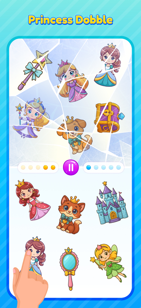 Princesses brain game match - Una interfaz de juego de parejas con temática de princesas con personajes de dibujos animados e iconos mágicos