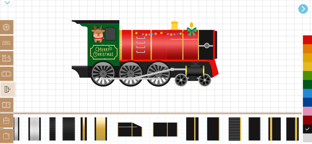Labo Christmas Train:Kids Game - A festive red and green digital steam locomotive being built in a creative grid interface for kids