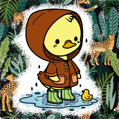 baby duck in a rain coat and boots, in a puddle while it’s raining