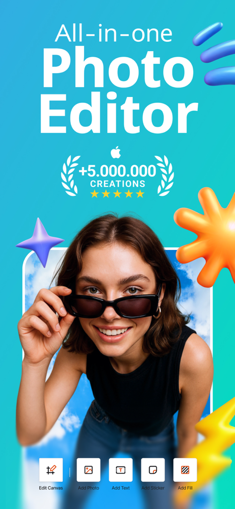 Interfaz de la aplicación Photo Up que presenta herramientas de edición todo en uno y una foto de retrato