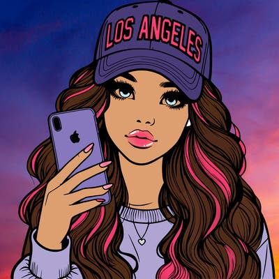 realistic beautiful girl wearing los ángeles cap holding an iphone