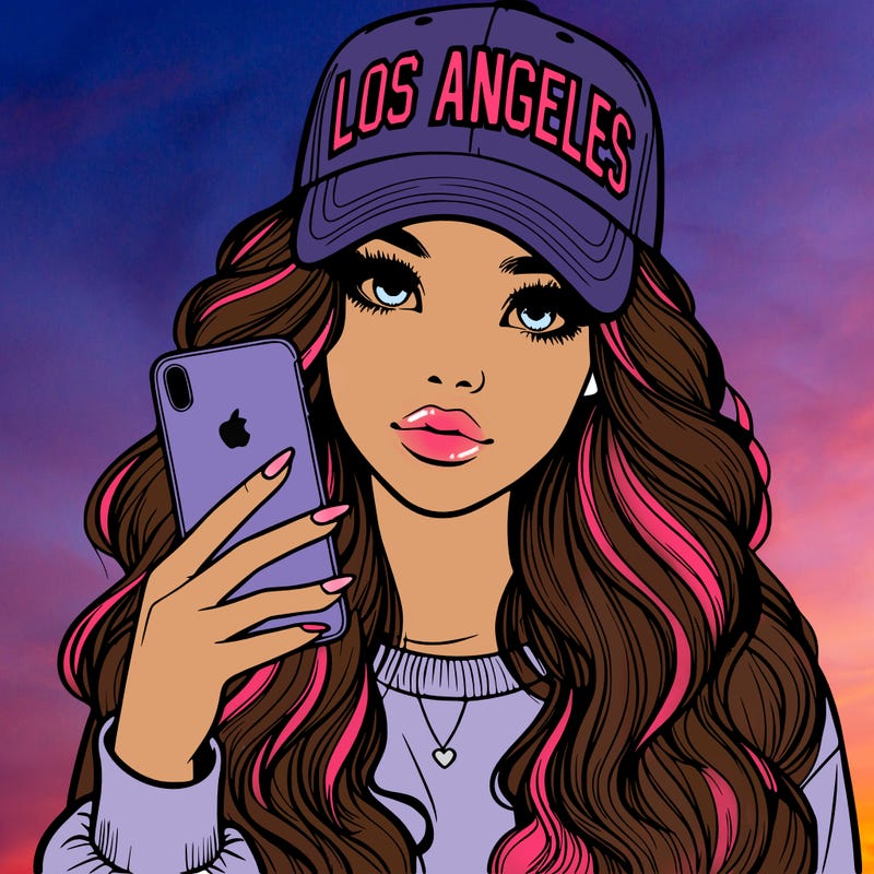 realistic beautiful girl wearing los ángeles cap holding an iphone