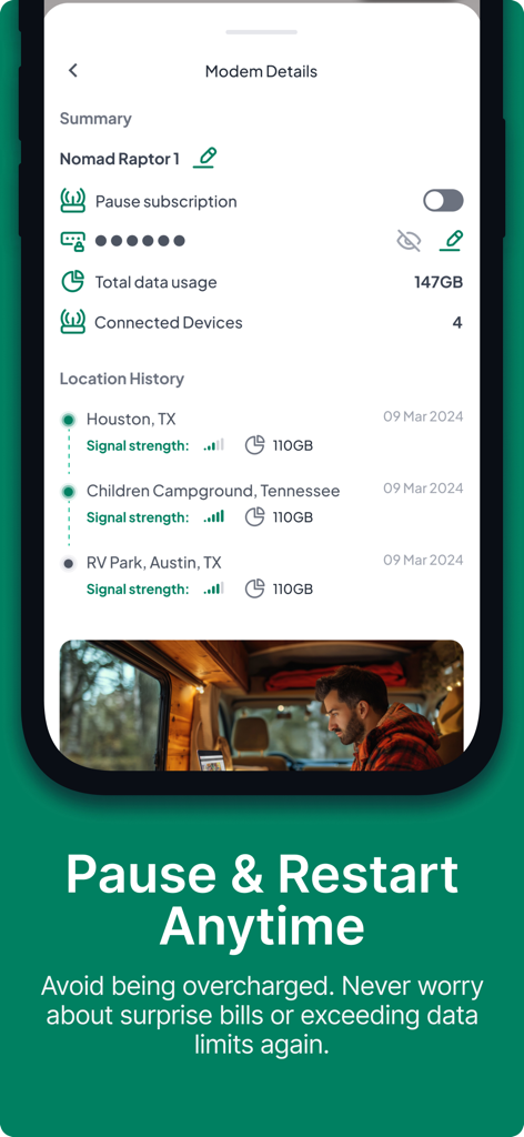 Nomad Internet Oasis App-Bildschirm, der Modemdetails und die Option zum Pausieren eines Abonnements anzeigt