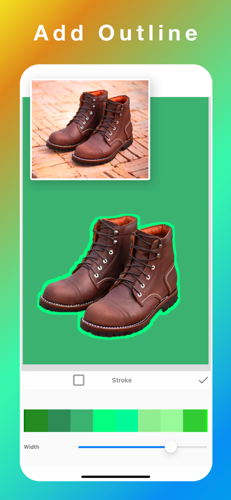 Background Eraser: Bg Remover+ - Mobile app interface showing a green outline being added to a photo cutout of brown boots