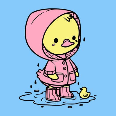 baby duck in a rain coat and boots, in a puddle while it’s raining