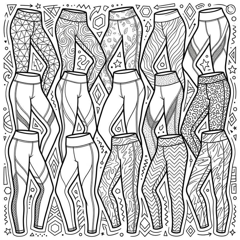 Dive into a fashionable collection of athletic leggings and tights, each waiting for your creative color choices. This dynamic page features a variety of intricate patterns and designs, perfect for adults and teens who love fashion and fitness.