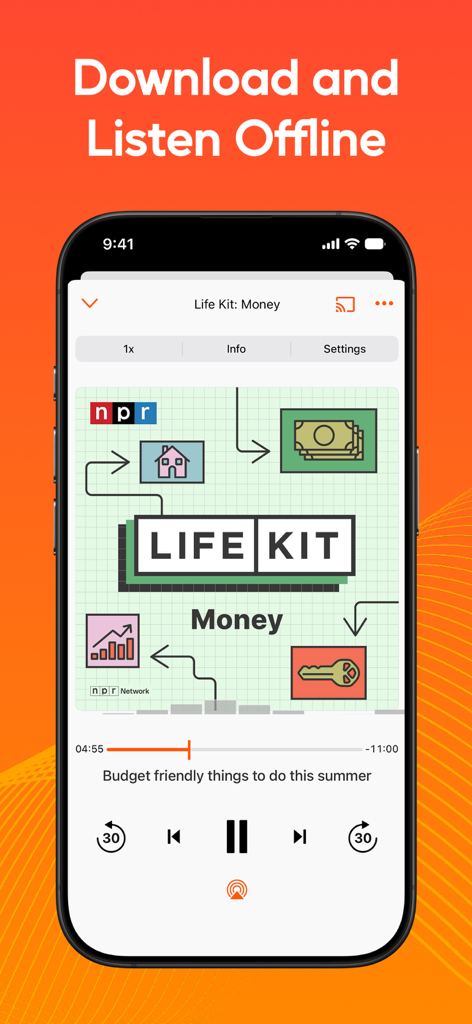Podcast Player - Video & RSS - Schermata di riproduzione podcast che mostra la funzione di ascolto offline e un episodio di NPR Life Kit.