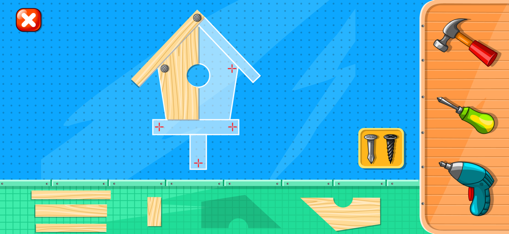 Builder Game - Craft & Paint - ビルダーゲームアプリ内の巣箱製作画面。木工道具と木材のパーツが表示されている。