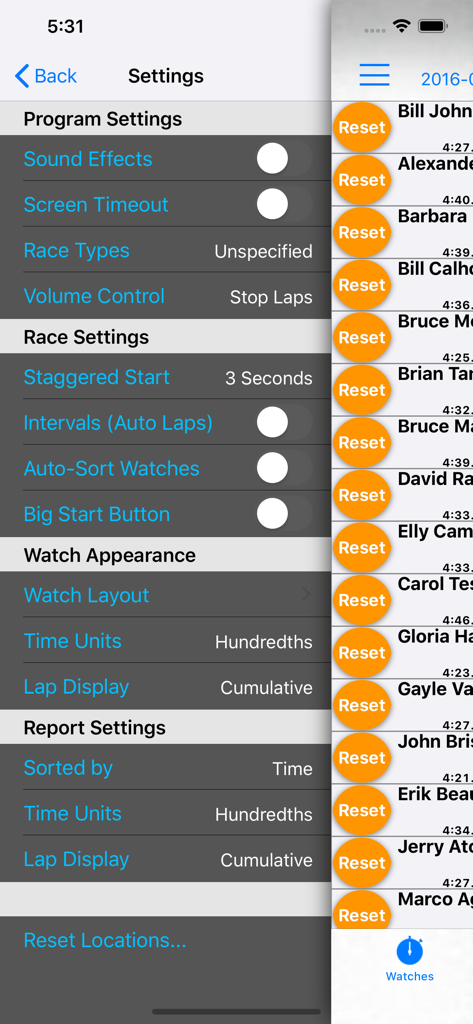 Ultimate Stopwatch - Settings menu for the Ultimate Stopwatch app displaying race configuration options and a list of active timers for multiple athletes