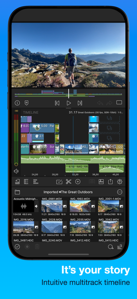 Interface do aplicativo móvel LumaFusion mostrando uma linha do tempo profissional de edição de vídeo multi-faixa em um iPhone.