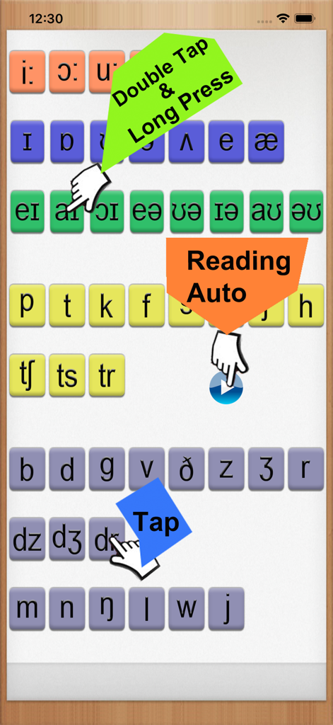 English Phonetic Symbols IPA - A grid of English phonetic symbols in a mobile app showing gesture instructions for Tap, Double Tap, and Reading Auto.