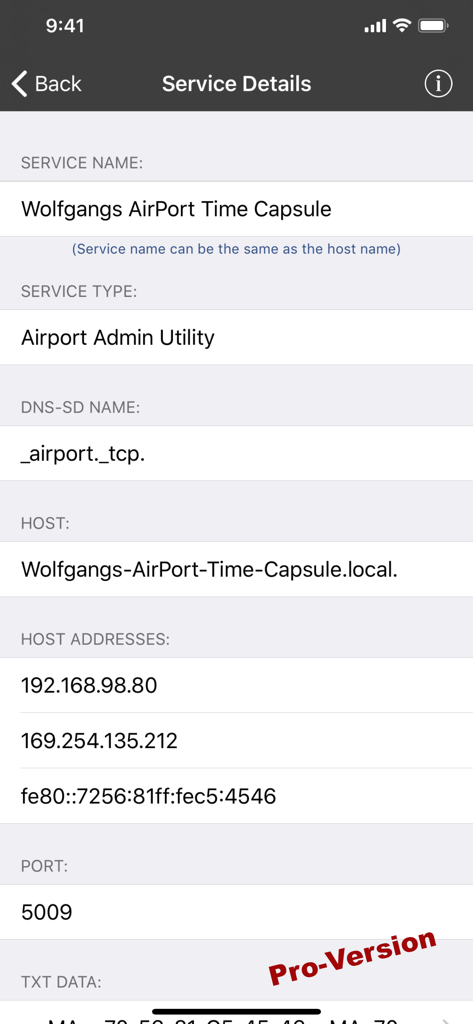 iNet - Network Scanner - A screen showing technical service details for an Apple AirPort Time Capsule including IP addresses and port numbers