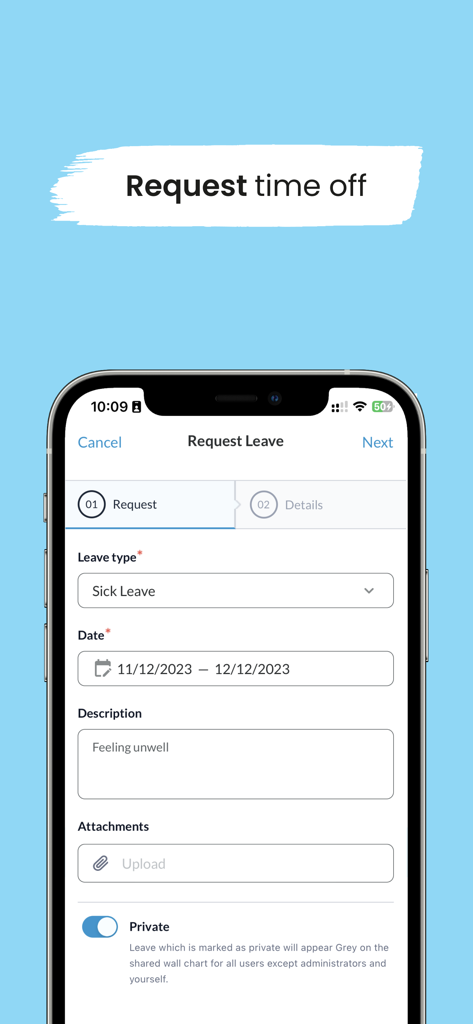 Schermata dello smartphone che mostra l'interfaccia di richiesta ferie nell'app Leave Dates