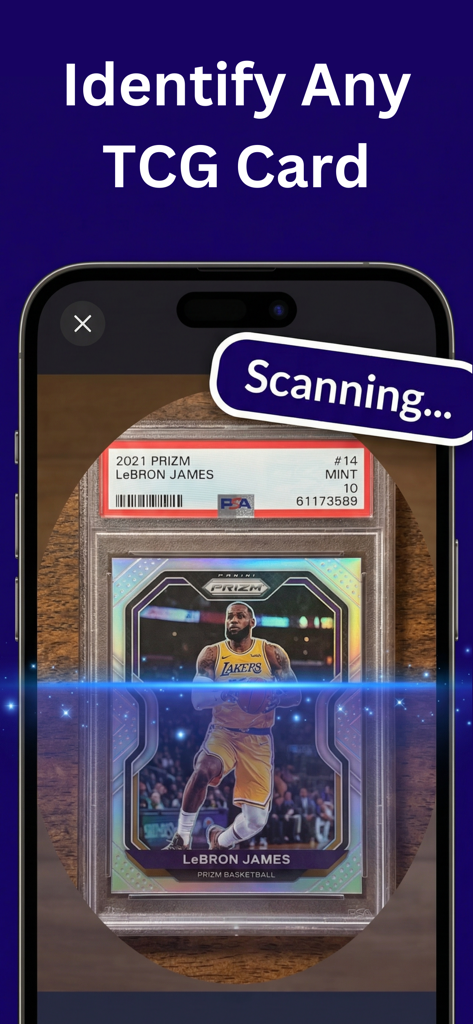 Sports card scanner: SoRare AI - Mobile app interface scanning a LeBron James basketball card to identify TCG cards