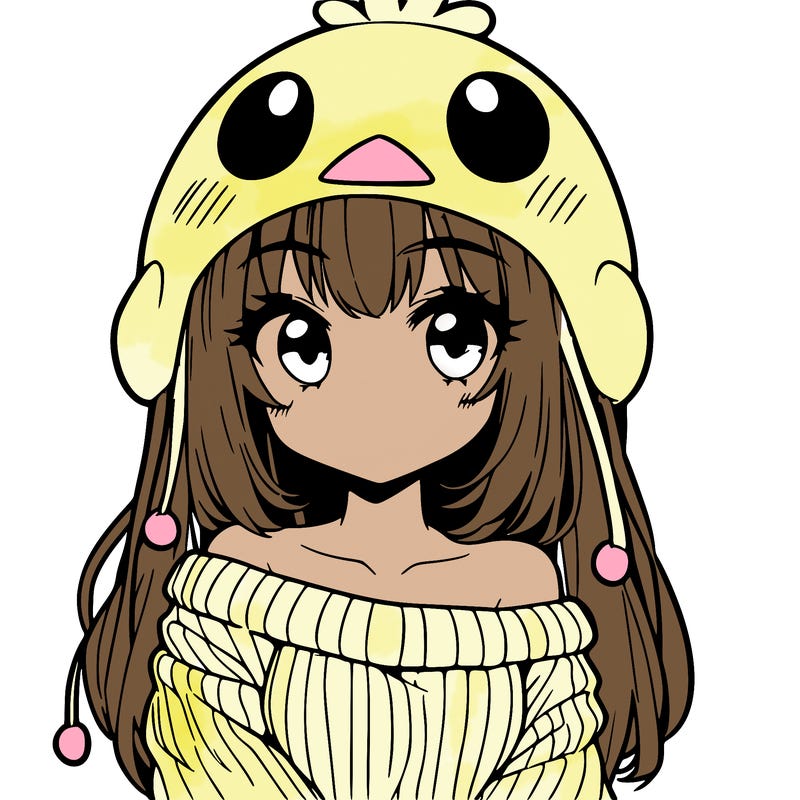 anime girl with chick shaped hat with sweater with bare shoulders with bangs covering them one eye with low tail