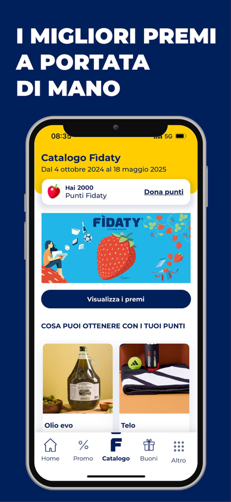 Esselunga - The Esselunga app interface showing the Fidaty rewards catalog and loyalty points balance.