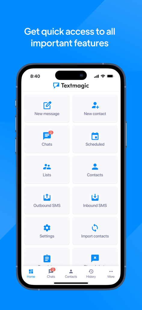 TextMagic - TextMagic App Startbildschirm mit Funktionen für geschäftliche Nachrichten und Kontaktmanagement