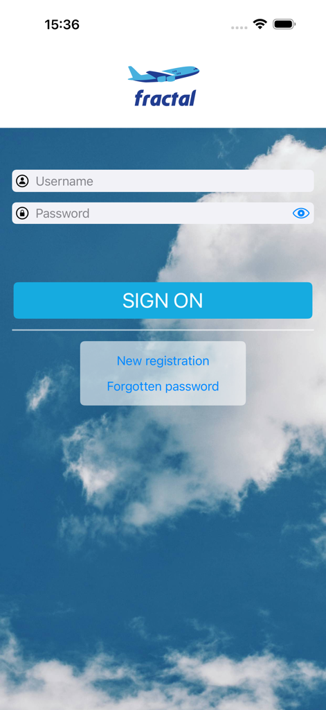 AirTickets: Quick Booking - Tela de login para o aplicativo AirTickets Quick Booking com campos de nome de usuário e senha e o logotipo Fractal