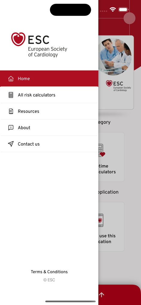 Menú de navegación lateral de la aplicación ESC CVD Risk Calculation que muestra opciones para calculadoras de riesgo, recursos e información de contacto