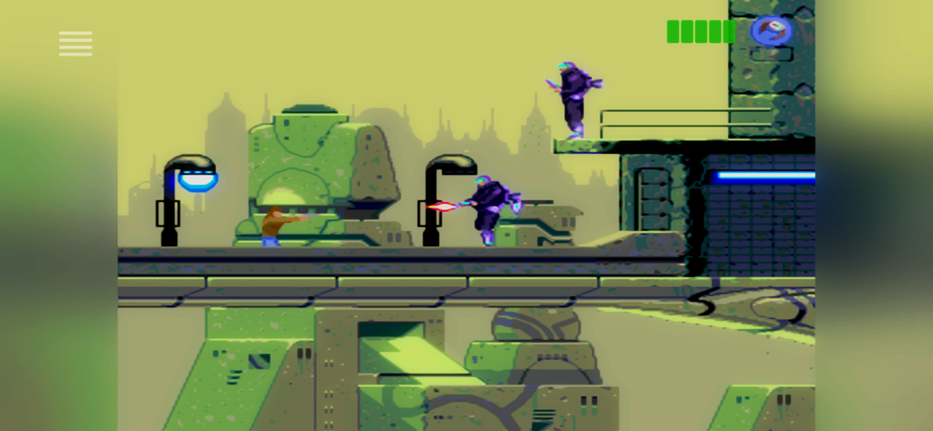 Flashback Mobile - Gameplay screenshot of Conrad shooting enemies in the sci-fi game Flashback Mobile