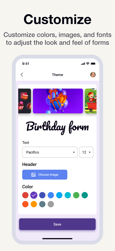 Mobile App-Oberfläche, die Anpassungsoptionen für Google Forms zeigt, einschließlich Schriftarten, Farben und Kopfzeilenbildern