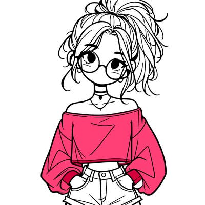 girl with a messy ponytail glasses a baggy crop top and jean shorts