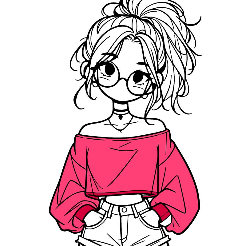 girl with a messy ponytail glasses a baggy crop top and jean shorts