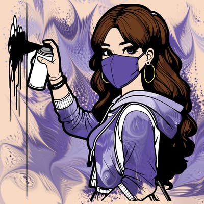 realistic girl with mask spray painting a wall